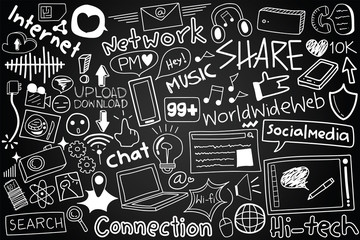 Social media and technology network doodle icon in chalkboard style with typography on black background vector illustration