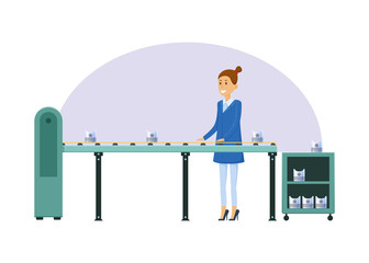 Manufacturing factory, girl, next to conveyor belt, sorts metal products.