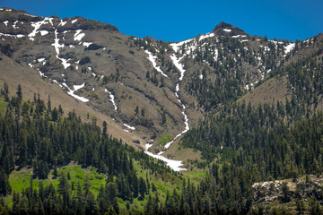 Fototapeta na wymiar Sierra Alpine Peaks With Melting Snow and Green Valley