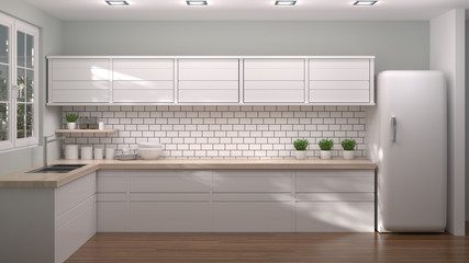 Kitchen home luxury with white cabinets,3d illustration modern kitchen interior design