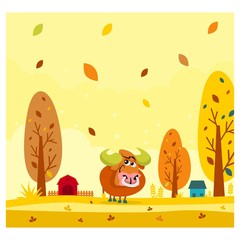 cute funny bull in the autumn season cartoon character