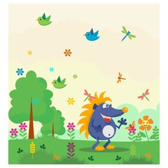 cute funny blue hedgehog in the garden cartoon character