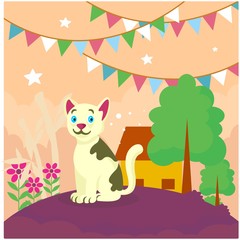 cute funny white cat in the front of house cartoon character