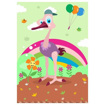 cute funny ostrich in the rainbow gardencartoon character