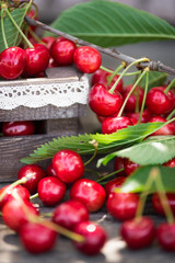 Cherries with leaves in vintage wooden box on rustic wooden table. Copy space