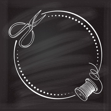 Vector round dotted frame frame whith handmade tools decoration on a chalkboard background