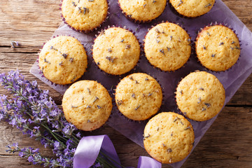 Organic tasty muffins with lavender flowers close-up. horizontal top view from above