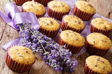 Beautiful food dessert: muffins with lavender flowers close-up on the table. horizontal