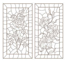 Set of contour illustrations of stained glass with flowers, lilies and roses in frames , dark contours on a white background