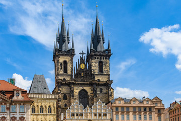 Fototapeta na wymiar Church towers in Market Square in Prague, Czech Republic