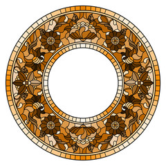 Illustration in stained glass style flower frame, flowers and  leaves in  frame on a white background,monochrome brown