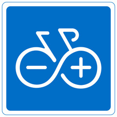 Electric bike bycicle icon with positive and negative pole signs on blue road sign background Modern picture of modern ecological way of transportation