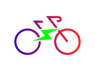 Electric sport bike bycicle e-bike bright colorful icon with flash sign Modern ecological way of transportation and healthy lifestyle sign isolated on white background