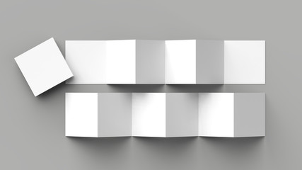 12 page leaflet, 6 panel accordion fold - Z fold square brochure mock up isolated on gray background. 3D illustration.