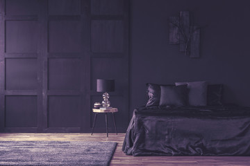 Spacious violet bedroom interior