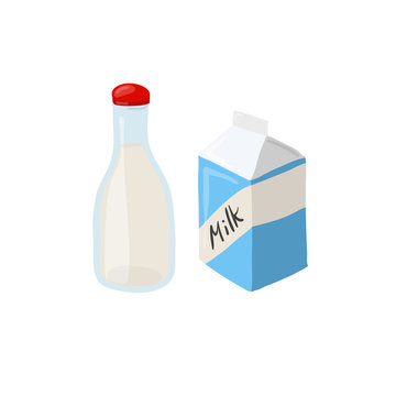 A bottle of milk and packaging vector icon. Dairy products eating cartoon illustration isolated on white background