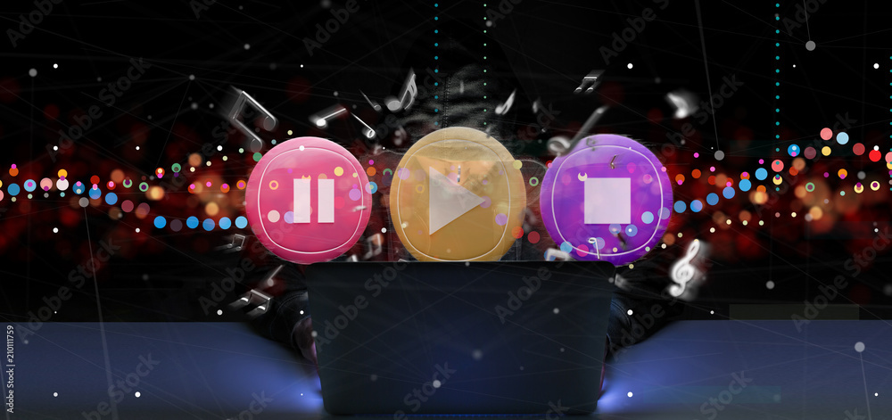 Poster man holding a music button and notes playing 3d rendering