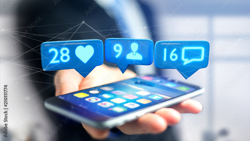 Poster businessman using a smartphone with a like, follower and message notification on social network - 3d
