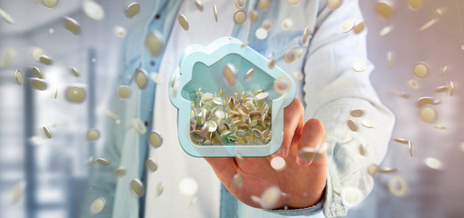 Man holding a House moneybox with coin surrounding all over 3d rendering