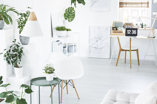 High Angle Of A Botanical Living Room Interior With A Coffee Table, Chair And A Desk With Laptop Standing By The Window