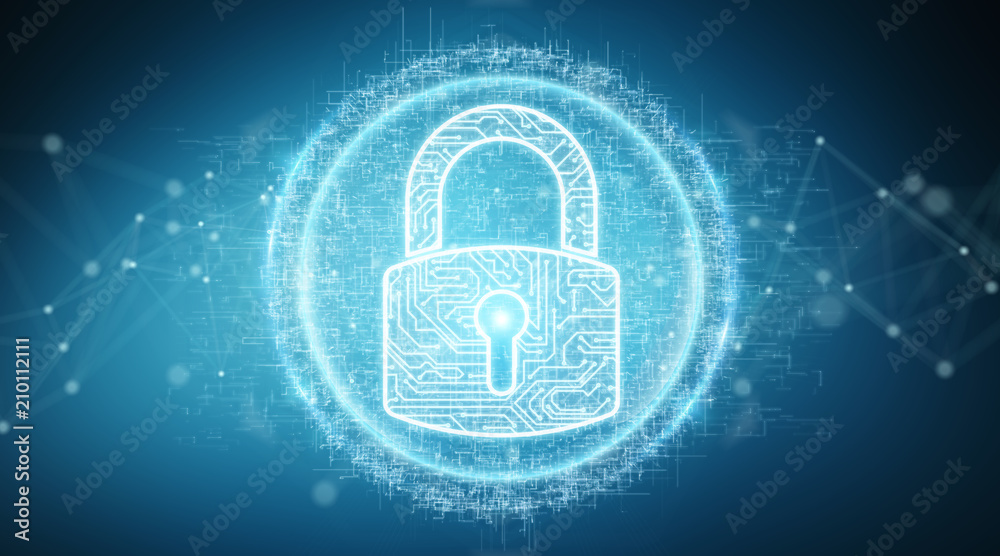 Poster digital security hologram with padlock 3d rendering