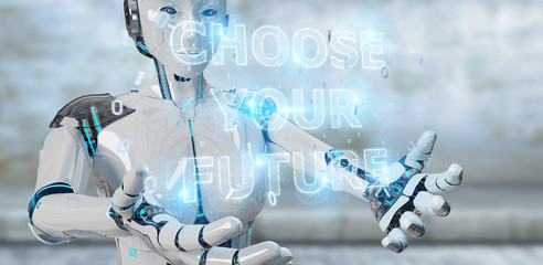 White cyborg woman using future decision text interface 3D rendering