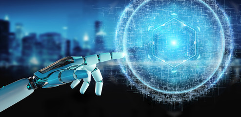 White robot hand using digital sphere connection hologram 3D rendering