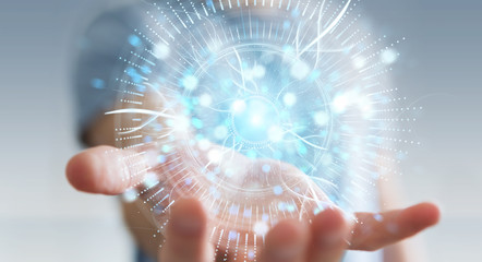 Businessman using digital eye surveillance hologram 3D rendering