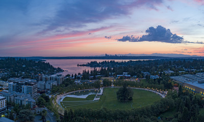 Bellevue Washington Aerial Landscape Above Park Downtown Sunset Looking Towards Seattle