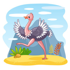 Ostrich is walking along a sandy glade. Vector illustration with an African bird. Cute animal in the cartoon style.