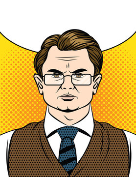Vector colorful pop art style illustration of a disappointed face of adult man. Emotional face of a man in glasses and suit
