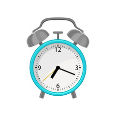 Flat vector icon of alarm clock with bright blue case, white dial, gray metal hammer and bells on top. Showing time for wake up