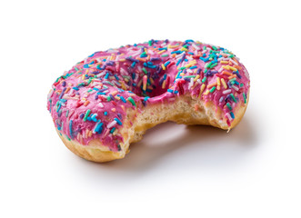 Pink frosted donut with bite missing on white background