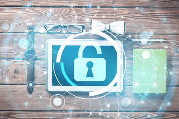 Gentleman kit of tablet watch glasses and notebook on wooden table