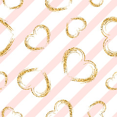 Gold heart seamless pattern. White-pink geometric stripes, golden grunge confetti-hearts. Symbol of love, Valentine day holiday. Design wallpaper, background, fabric texture. Vector illustration