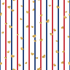 Gold heart seamless pattern. Red-blue-white geometric stripes, golden confetti-hearts. Symbol of love, Valentine day holiday. Design wallpaper, background, fabric texture. Vector illustration