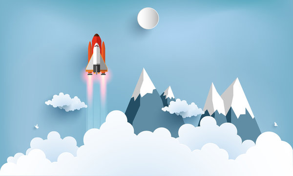 illustration of the shuttle. flying across beautiful clouds at full speed. paper art design © Framework Wonderland