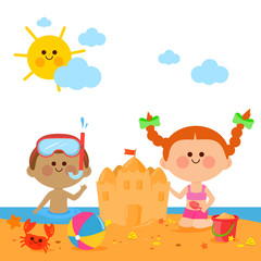 Obraz na płótnie Canvas Children at the beach swimming and building a sandcastle. Vector illustration