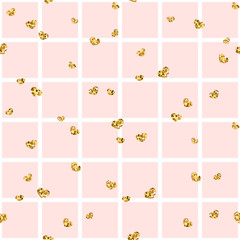 Gold heart seamless pattern. Pink-white geometric square, golden confetti-hearts. Symbol of love, Valentine day holiday. Design wallpaper, background, fabric texture. Vector illustration