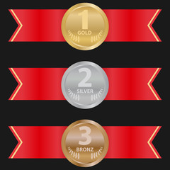 Sports medals with a red ribbon on a black background. A set of gold, silver and bronze sports medals.