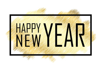 Happy New Year text. Gold Happy New Year or Christmas isolated background. Black border frame. Golden texture for card, holiday celebration decoration. Greeting banner. Vector illustration