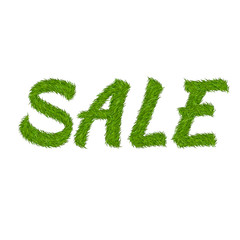 Green grass sale text, isolated white background. Spring or summer nature design for banner, flyer, label or poster offer. Discount sale. Eco 3D texture. Letter grassy signs. Vector illustration