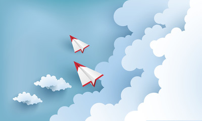 paper airplanes flying across clouds. design paper art and crafts
