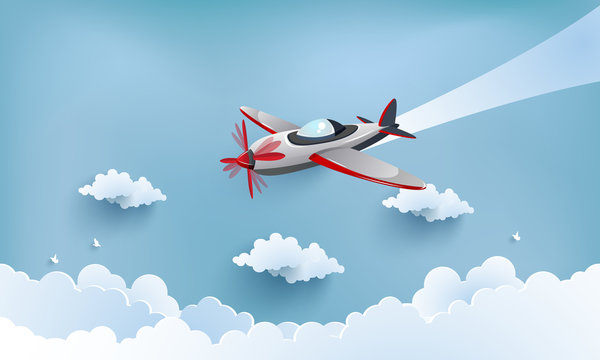 illustration of  airplane over a clouds and mountains.