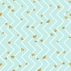 Gold heart seamless pattern. Blue-white geometric zig zag, golden confetti-hearts. Symbol of love, Valentine day holiday. Zigzag design wallpaper, background, texture. Vector illustration