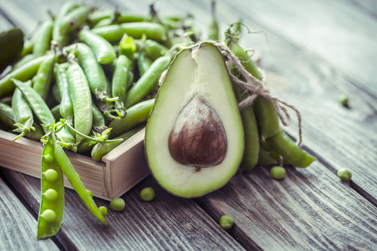 composition with avocado and green peas