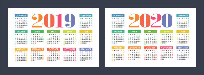Colorful calendar set 2019, 2020. Bright, fun, cute. Week starts on Sunday. Motley, varicoloured ready design