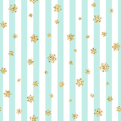 Christmas gold snowflake seamless pattern. Golden glitter snowflakes on blue white lines background. Winter snow texture design wallpaper Symbol holiday, New Year celebration. Vector illustration