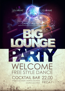 Disco ball background. Disco big lounge party poster on open space background