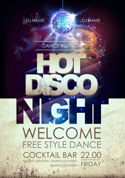Disco ball background. Hot disco night party poster on open space background
